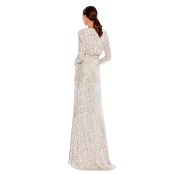 NWT IEENA for MAC DUGGAL 26490 Silver Sequined Long Sleeve V-Neck Gown High Slit - Picture 12 of 12